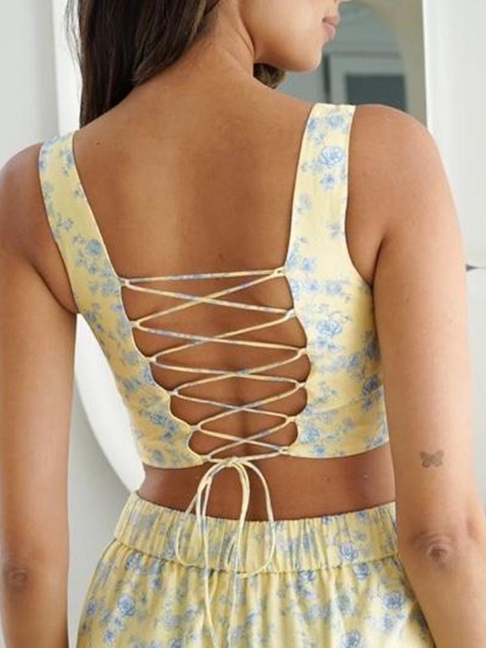 NWT Yllw Yellow The Label Andie Linen Floral Corset Tank Top in Yellow/Blue - S - Picture 3 of 6